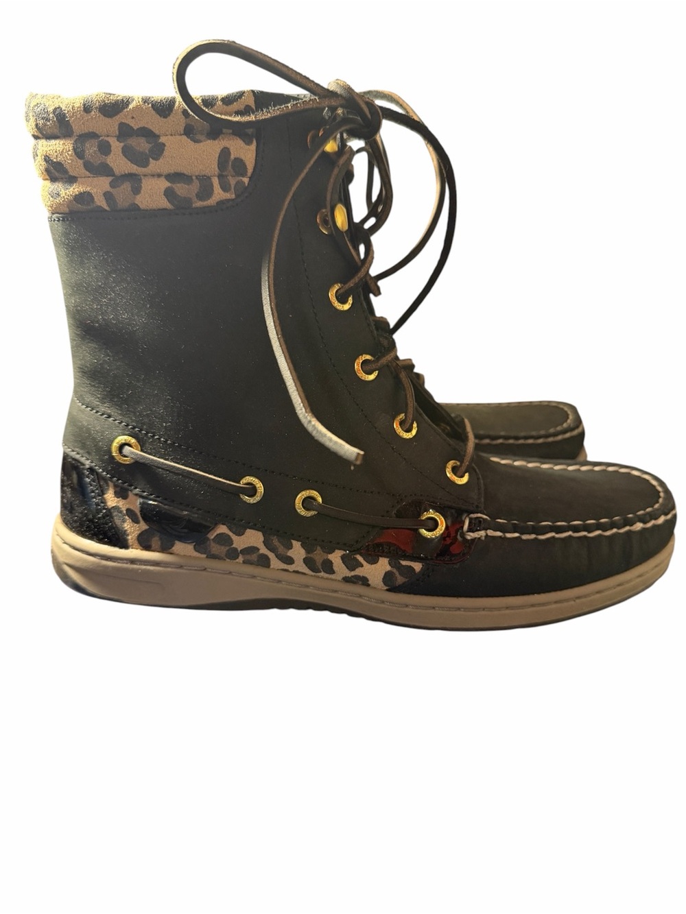 Sperry Black Lace-Up Hikerfish Ankle Boots with Leopard Accents - Picture 5 of 10